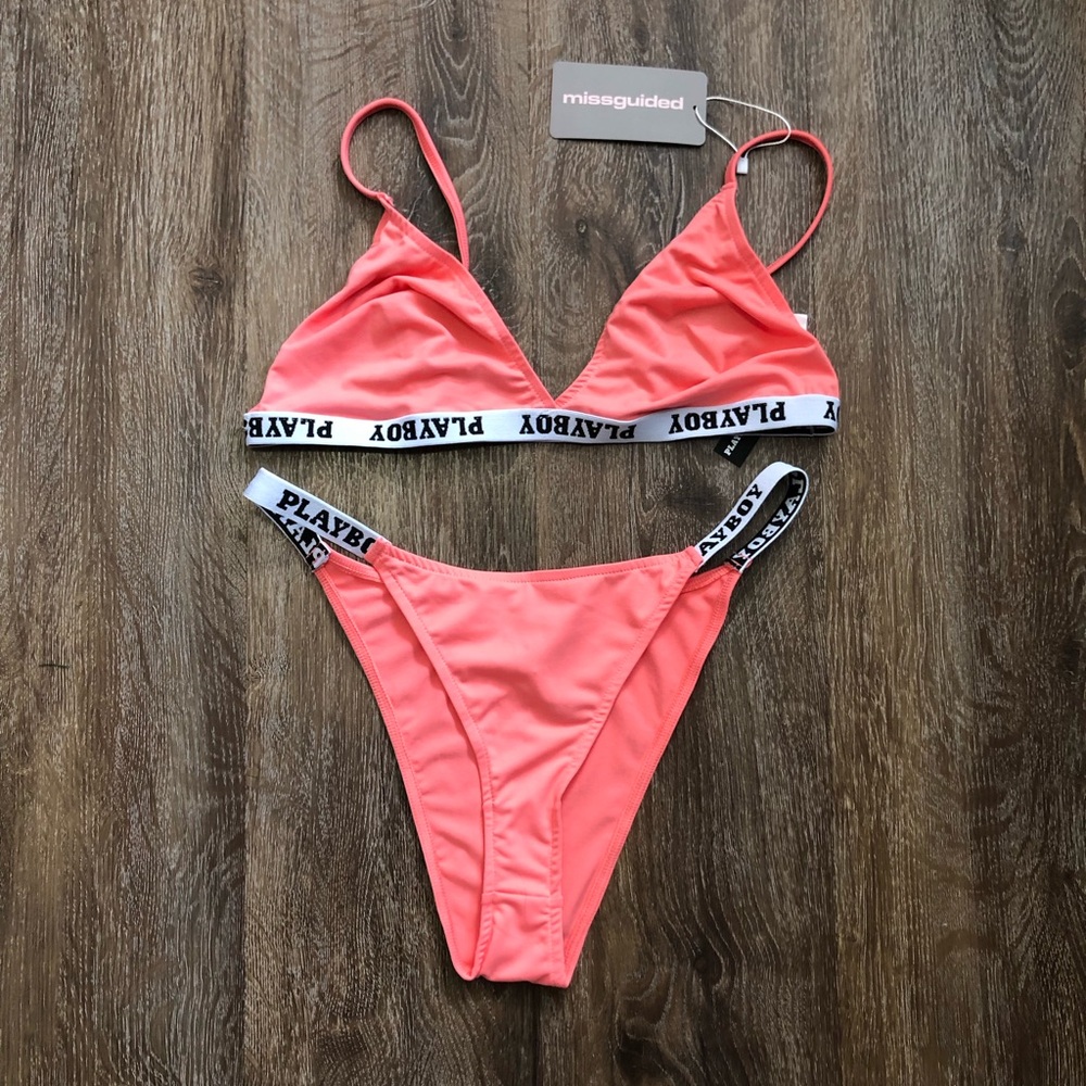 missguided Coral Pink PLAYBOY Logo Bikini Set